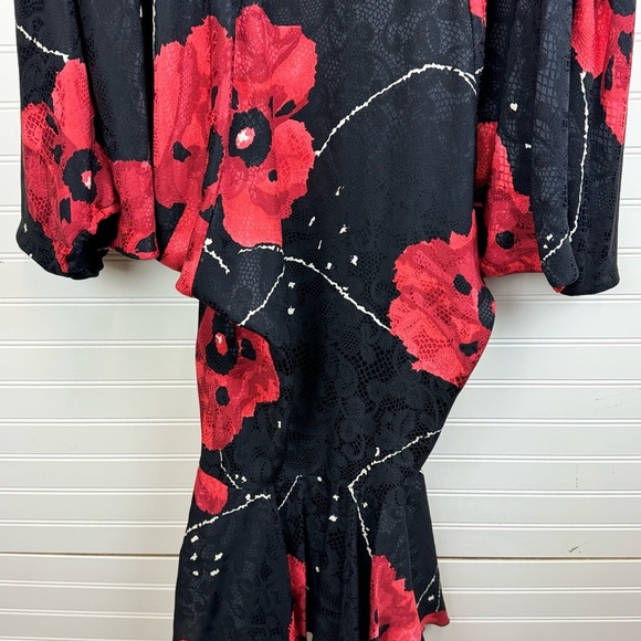 Saint Romei Vintage 80’s Dress Midi Pure Silk Black Red Floral Print Sz 10 - Picture 3 of 12